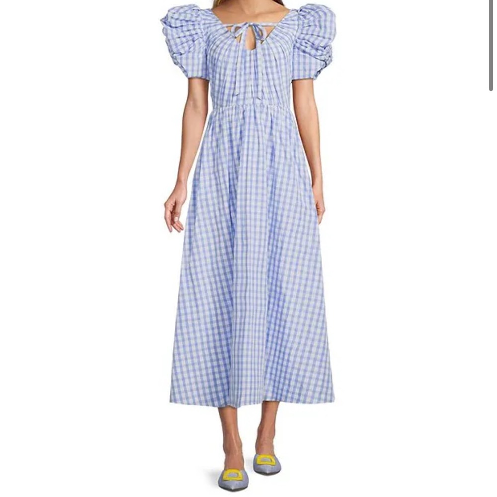 Jennifer Sumko Catherine Gingham Puff Sleeve Taffeta A-Line Midi Dress